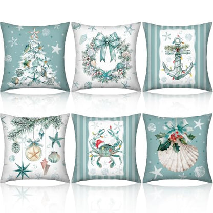 Christmas Coastal Pillow Covers Set of 6 - 18x18 Inch Suede Holiday Decor