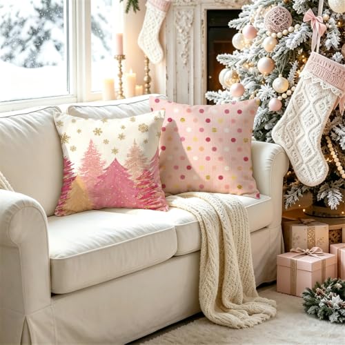 20x20 Inch Christmas Wreath Pillow Covers Set of 4 - Pink Holiday Decor