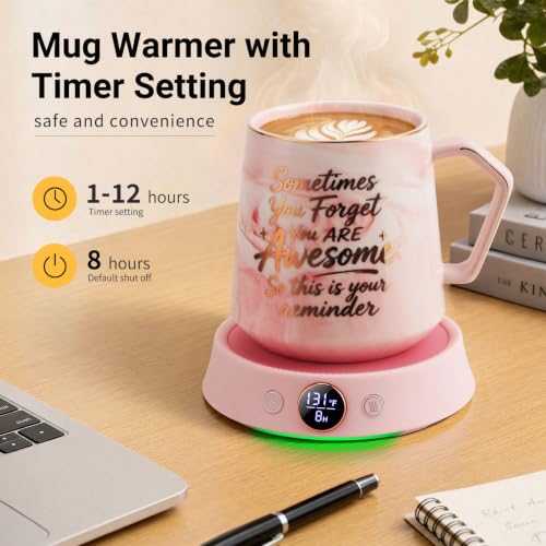 Pink Coffee Mug Warmer & Mug Set, Electric Desk Cup Warmer with Timer