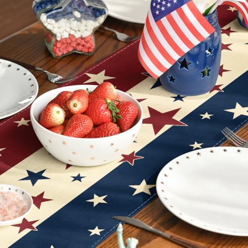 Stars and Stripes 4th of July Table Runner - Red, Beige, Blue, 13x48 Inch Patriotic Home Decor