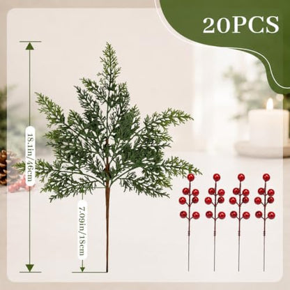 20Pcs Christmas Cedar Branches with Berries - 18 Inch Lifelike Touch Faux Greenery