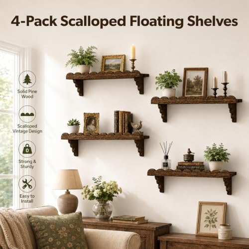 17 Inch Scalloped Wood Wall Shelves Set - Brown Floating Shelves for Decor & Storage