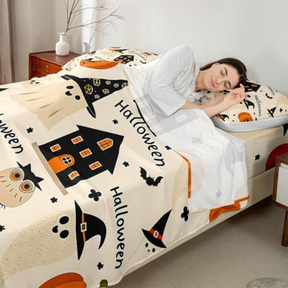 Halloween Bed Sheet Set King Size Ghost Bats Owl Pumpkin Deep Pocket Microfiber Ivory & Pumpkin Orange