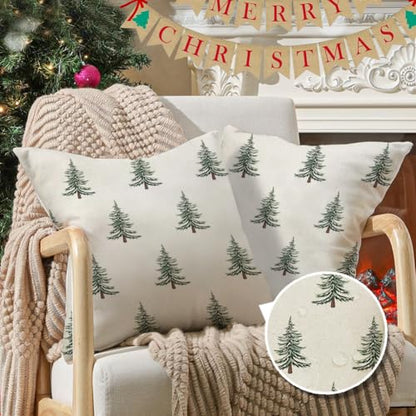 Outdoor Christmas Pillow Covers 20x20 Inch Waterproof Tree Decor Set - White
