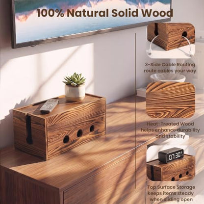 Wooden Cable Management Box 14 Inch Large Cord Organizer for Power Strip Surge Protector