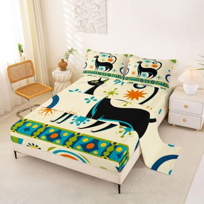 Queen Size Black Cat Bedding Set with Colorful Star Dots - 4Pcs Kids & Adults Bed Sheets