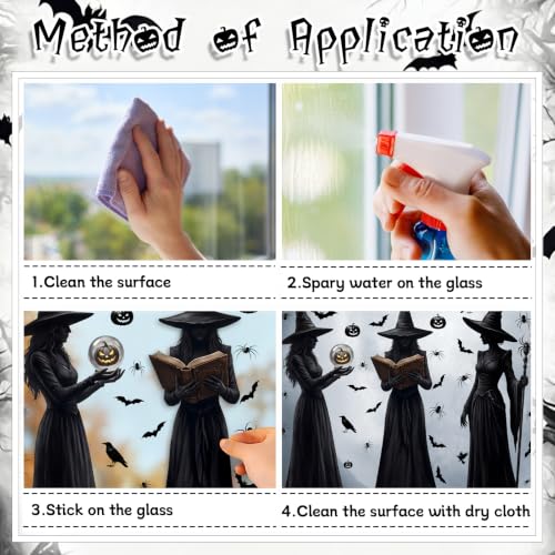 Halloween Witch Window Clings Set - Large 3 Sheets 49 Pieces, Reusable Decals