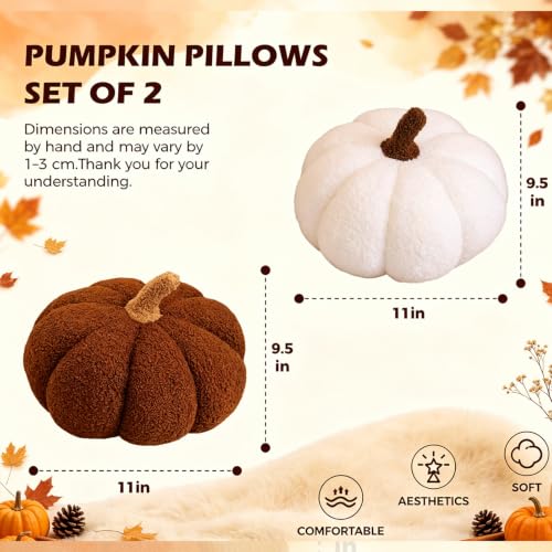 Pumpkin Shaped Throw Pillows Set of 2 - White and Brown Thanksgiving Decor