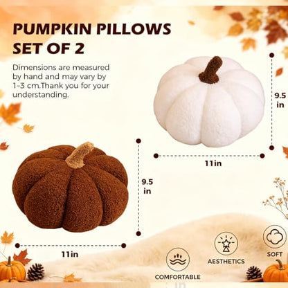 Pumpkin Shaped Throw Pillows Set of 2 - White and Brown Thanksgiving Decor