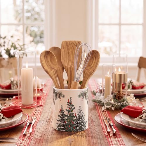 Christmas Utensil Holder with Cardinal Birds and Pine Tree Design - Rustic Ceramic Kitchen Organizer - Variation of Christmas Tree