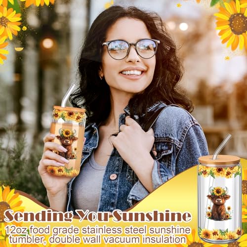 Sunflower Highland Cow Gift Set with Tumbler Tote Bag Socks - Cute Christmas Present