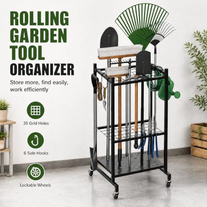 Garden Tool Organizer with Wheels - Garage Storage Rack for Rakes, Shovels, and Tools