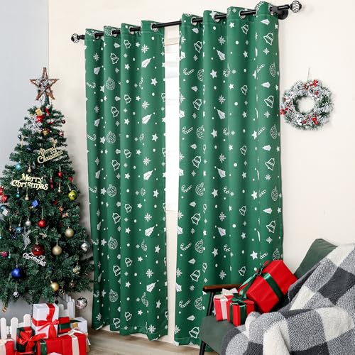 Green Xmas Curtains 52x84 Inches Pack of 2 Snowflakes & Stars Printed Blackout Window Drapes