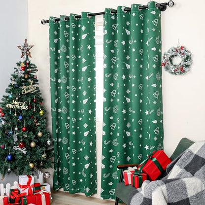 Green Xmas Curtains 52x84 Inches Pack of 2 Snowflakes & Stars Printed Blackout Window Drapes