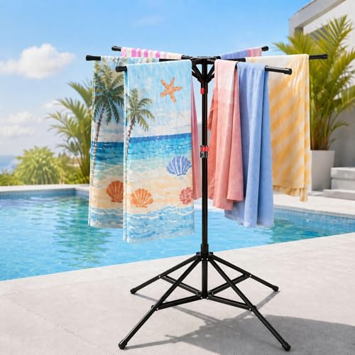 Outdoor Pool Towel Rack with 6 Foldable Arms & Adjustable Height 51-71 Inch