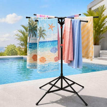 Outdoor Pool Towel Rack with 6 Foldable Arms & Adjustable Height 51-71 Inch