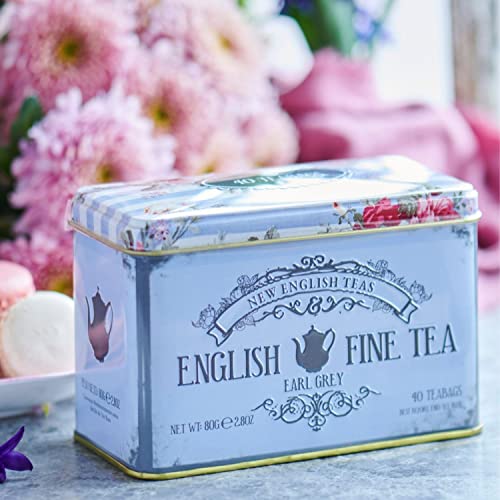 New English Teas Vintage Floral Tea Tin with 40 Earl Grey Teabags with Bergamot Flavouring