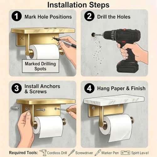 Gold Wall-Mounted Toilet Paper Holder with Marble Shelf - Modern Bathroom Accessory