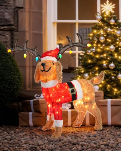 Lighted Christmas Dog Decoration with Santa Hat and Twinkling Lights - 33 Inch Outdoor Holiday Decor