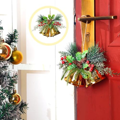 Christmas Bell Hanging Ornaments Set - Gold Rustic Metal Decor with Berries, 8.7" - 2 Pieces