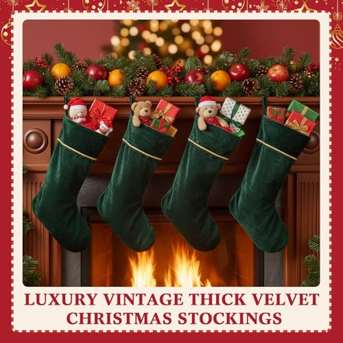 Dark Green Velvet Christmas Stockings Set of 4 - 18 Inch Holiday Decor