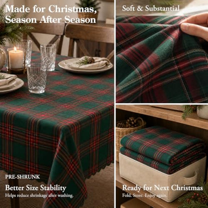 Christmas Tartan Plaid Tablecloth for 6 Foot Rectangular Tables - Green & Red, 55 x 84 Inches