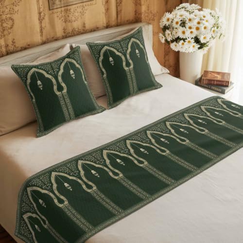 83x20 Inch Forest Green Bed Runner & Pillow Cover Set for Queen Size Bed, Boho Ethnic Decor