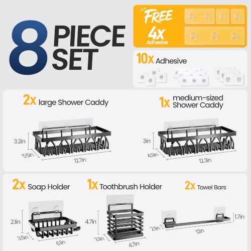 8 Pack Shower Caddy Set with 2 Towel Bars Bathroom Organizer No-Drill Adhesive Mount