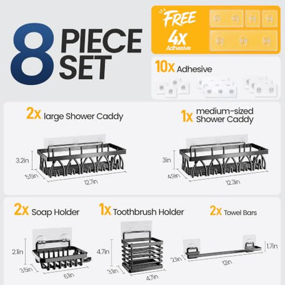 8 Pack Shower Caddy Set with 2 Towel Bars Bathroom Organizer No-Drill Adhesive Mount