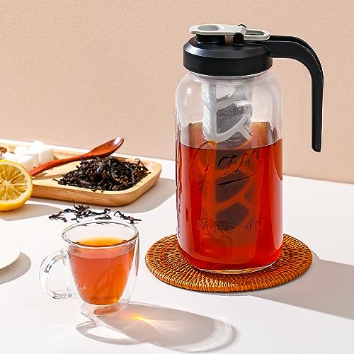 AOZITA Iced Tea Maker Pitcher with Infuser and Lid - 2 Quart Glass Mason Jar Pitcher Leak-proof Water Jug, Heavy Duty Glass Container for Tea, Water, Juice, Milk, Iced Coffee, and Drinks