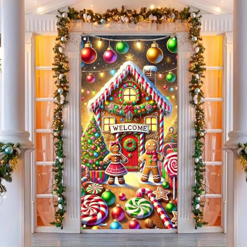 Christmas Gingerbread House Door Cover 35x71 Inch Polyester Holiday Decor