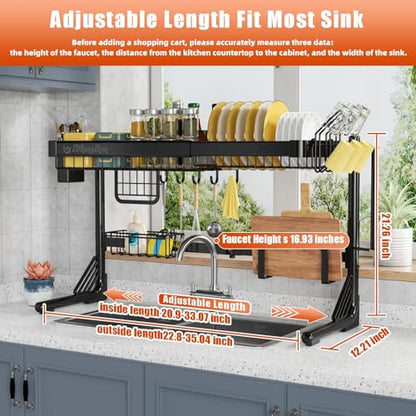 ZDRongZhen Over The Sink Dish Drying Rack,2 tier Full 304 Stainless Steel dish Drainer rack,Adjustable Length (22.8''~35.04'') Kitchen Storage Counter with Cup Hanging Set and Hooks (Black-2Tier)