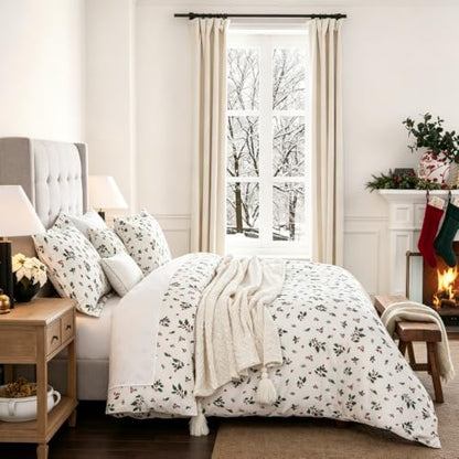 Christmas Duvet Cover Set Queen Size Holly Berries Pattern 90x90 Inch with 2 Shams
