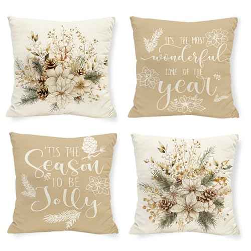 Christmas Beige Poinsettia Pillow Covers Christmas Wild Flowers 18 x 18 Inch Throw Pillows, Xmas Berry Pine Cones Seasonal Decorative Farmhouse Cushion Case for Sofa Couch Set of 4
