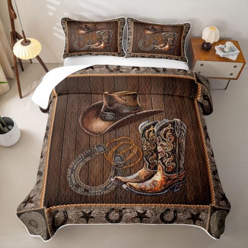 Western Cowboy Quilt Set Queen with Boots Hat Horseshoe Design - Grey Brown