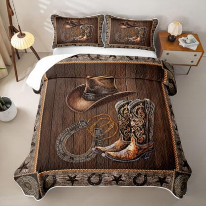 Western Cowboy Quilt Set Queen with Boots Hat Horseshoe Design - Grey Brown