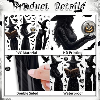 Halloween Witch Window Clings Set - Large 3 Sheets 49 Pieces, Reusable Decals
