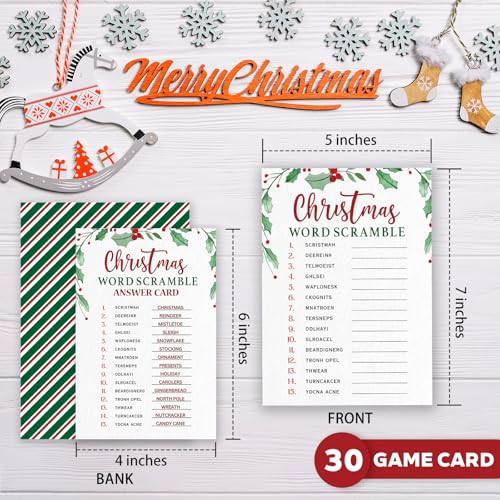 Christmas Word Scramble Party Game Cards - 30 Pack Green Leaf Design, 5x7 Inches