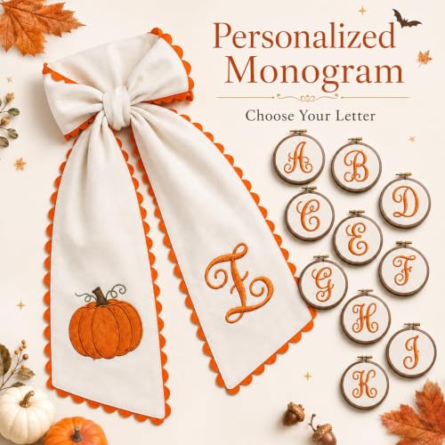 Halloween Pumpkin Wreath Sash with Embroidered Pumpkin and Orange Scalloped Trim - Fall Front Door Decor (C)