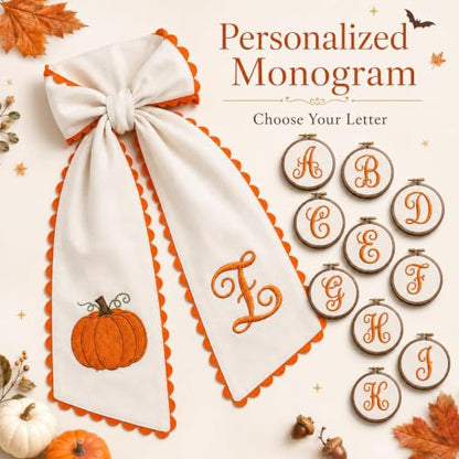 Halloween Pumpkin Wreath Sash with Embroidered Pumpkin and Orange Scalloped Trim - Fall Front Door Decor (C)