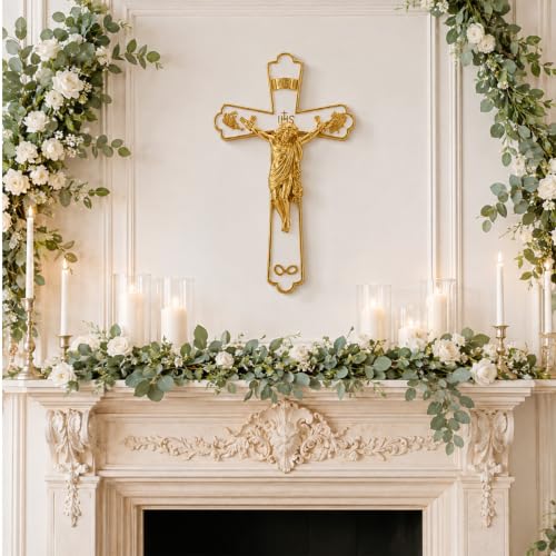 Catholic Wedding Wall Crucifix 7.9 Inch in White & Gold, Religious Wall Decor