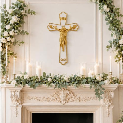 Catholic Wedding Wall Crucifix 7.9 Inch in White & Gold, Religious Wall Decor