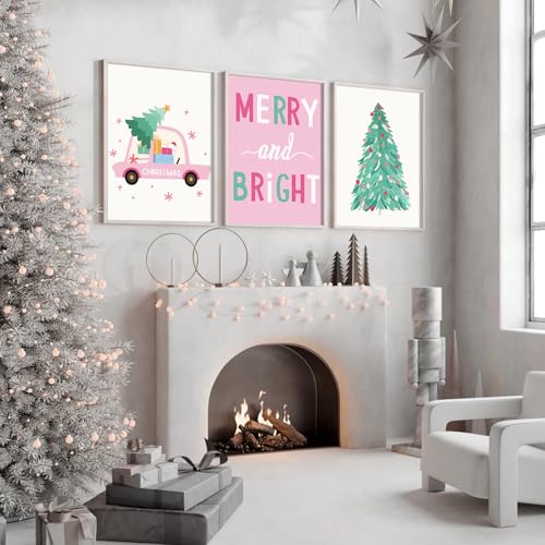 Christmas Wall Art Prints Set - Pink Holiday Decor for Living Room & Bedroom, 8x10 Inch Unframed