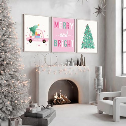 Christmas Wall Art Prints Set - Pink Holiday Decor for Living Room & Bedroom, 8x10 Inch Unframed