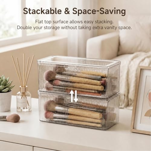 Clear Acrylic Double-Sided Makeup Brush Holder with Lid for Vanity Storage