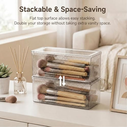 Clear Acrylic Double-Sided Makeup Brush Holder with Lid for Vanity Storage