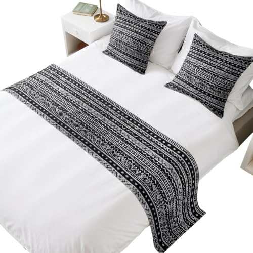 94x20 Inch Boho Bed Runner Set with 2 Pillow Covers - Black White Tribal Geometric