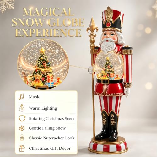 Eightown 19.2-Inch Nutcracker Snow Globe Lantern - Red & White, Lights Up