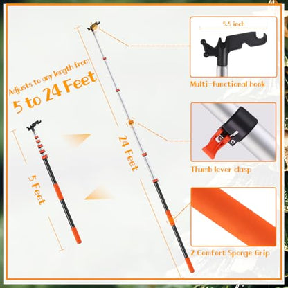24Ft Telescopic Extension Pole with Hook for Christmas Lights - Aluminum
