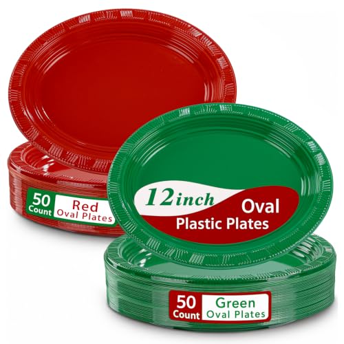 WELLIFE Red & Green Oval Plastic Plates 100 Pack - 12 Inch Disposable Christmas Dinnerware